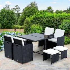 Ensemble De Salle à Manger Pour Le Patio Par Outsunny Avec Cadre Noir Et Coussins Blancs, 9 Pièces -Outsunny 330932457 AlternateImage1 l