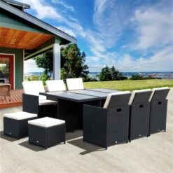 Ensemble De Salle à Manger Pour Le Patio Par Outsunny Avec Cadre Noir Et Coussins Blancs, 11 Pièces -Outsunny 330932460 AlternateImage1 l