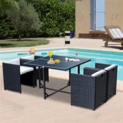 Ensemble De Salle à Manger Pour Le Patio Par Outsunny Avec Cadre Noir Et Coussins Blancs Cassés, 5 Pièces -Outsunny 330932556 AlternateImage1 l