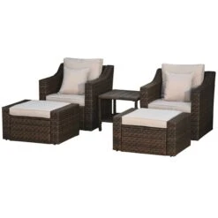 Ensemble Pour Patio Outsunny Beige En Rotin De PE Avec Coussins Inclus, 5 Pièces