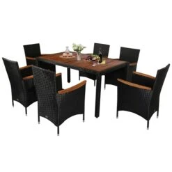 Ensemble à Dîner Pour Patio Outsunny En Rotin De PE Noir Avec Coussins Crèmes, 7 Pièces