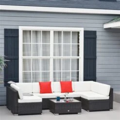 Ensemble De Patio Modulable Blanc à 7 Pièces Outsunny En Rotin Avec Table Basse Et Coussins Décoratifs -Outsunny 330951207 AlternateImage1 l