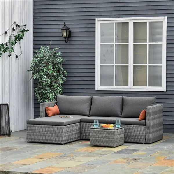 Ensemble De Patio Modulable Gris à 3 Pièces Outsunny En Rotin Avec Table Basse Et Coussins Décoratifs 4 Ensemble De Patio Modulable Gris à 3 Pièces Outsunny En Rotin Avec Table Basse Et Coussins Décoratifs – Image 2