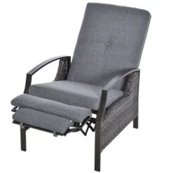 Chaise Inclinable Stationnaire Outsunny En Osier Et Métal Gris Avec Coussin De Siège Gris