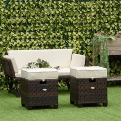 Poufs En Rotin Brun Pour L'extérieur Par Outsunny Avec Coussins Blancs, Ensemble De 2 -Outsunny 330979360 AlternateImage1 l