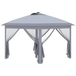 Abri-soleil Escamotable Gris De 10,8 Pi X 10,8 Pi Par Outsunny Avec Lumière DEL Et Sac De Transport Inclus