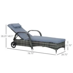Chaise Longue Stationnaire Outsunny En Métal Et Rotin Gris Avec Coussin De Siège Bleu -Outsunny 330979423 AlternateImage2 l