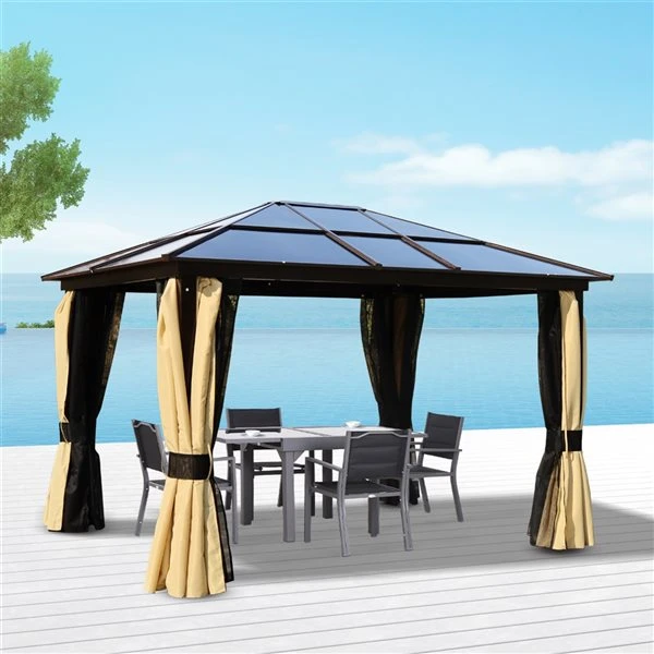 Abri De Jardin Permanent Outsunny En Métal Brun Et Beige Rectangulaire Avec Toit En Polyester De 11,8 Pi X 9,8 Pi 4 Abri De Jardin Permanent Outsunny En Métal Brun Et Beige Rectangulaire Avec Toit En Polyester De 11,8 Pi X 9,8 Pi – Image 2