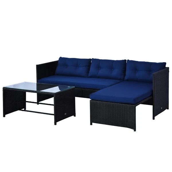 Sofa Pour L'extérieur En Rotin Par Outsunny Avec Coussins Bleus Et Cadre En Acier 3 Sofa Pour L'extérieur En Rotin Par Outsunny Avec Coussins Bleus Et Cadre En Acier