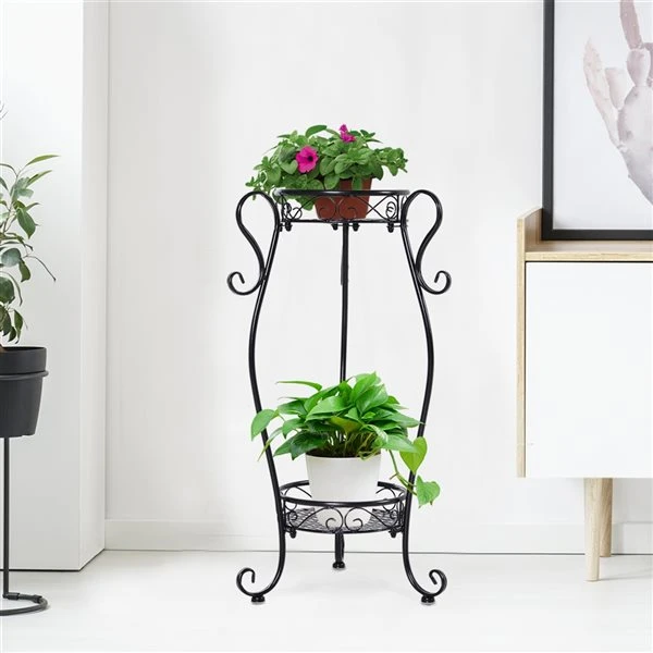 Support Pour Plantes Rond En Acier Noir Par Outsunny à 2 Tablettes De 26 po 4 Support Pour Plantes Rond En Acier Noir Par Outsunny à 2 Tablettes De 26 po – Image 2