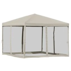 Auvent Ajustable Et Escamotable Beige De 9,7 Pi X 9,7 Pi Par Outsunny Avec 4 Parois Latérales Amovibles En Maille