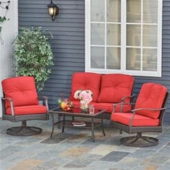 Ensemble De Mobilier Extérieur En Plastique Par Outsunny Avec Coussin Rouge, 4 Pièces -Outsunny 330979535 AlternateImage1 l
