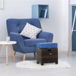Poufs En Rotin Brun Pour L'extérieur Par Outsunny Avec Coussins Bleus, Ensemble De 2 -Outsunny 330979571 AlternateImage4 l