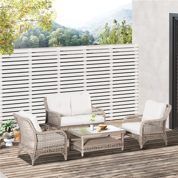 Ensemble De Mobilier Extérieur En Rotin Par Outsunny Avec Coussins Blanc Cassé, 4 Pièces 6 Ensemble De Mobilier Extérieur En Rotin Par Outsunny Avec Coussins Blanc Cassé, 4 Pièces – Image 4