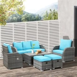 Ensemble De Mobilier Extérieur En Rotin Par Outsunny Avec Coussins Bleus, 6 Pièces -Outsunny 330989483 AlternateImage1 l