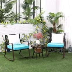 Chaise Berçante Avec Table Par Outsunny Et Coussins Turquoise, 3 Pièces -Outsunny 330989484 AlternateImage2 l