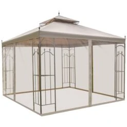 Abri De Jardin Semi-permanent Brun Outsunny Carré En Métal De 10 Pi X 10 Pi Avec Toit En Polyester, Moustiquaire Incluse
