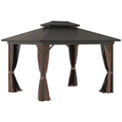 Abri De Jardin Semi-permanent Brun Outsunny Rectangulaire En Métal De 12 Pi X 10 Pi Avec Toit En Acier Galvanisé Et Moustiq…