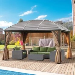 Abri De Jardin Semi-permanent Brun Outsunny Rectangulaire En Métal De 13 Pi X 10 Pi Avec Toit En Polyester, Moustiquaire Inc… -Outsunny 331001493 AlternateImage3 l