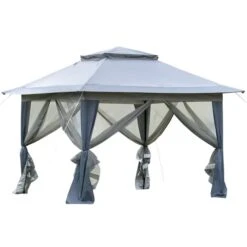 Abri De Jardin Rétractable Gris Outsunny Carré En Métal De 12 Pi X 12 Pi Avec Toit En Polyester, Moustiquaire Incluse