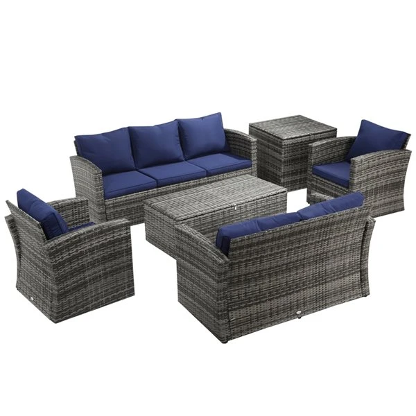 Ensemble De Mobilier Extérieur Gris Outsunny En Résine Tressée Avec Coussins Bleu Marine, 6 Pièces 3 Ensemble De Mobilier Extérieur Gris Outsunny En Résine Tressée Avec Coussins Bleu Marine, 6 Pièces
