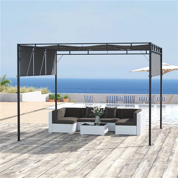 Pergola Autoportante Outsunny En Métal Gris Foncé De 10 Pi X 10 Pi, Auvent Inclus 4 Pergola Autoportante Outsunny En Métal Gris Foncé De 10 Pi X 10 Pi, Auvent Inclus – Image 2