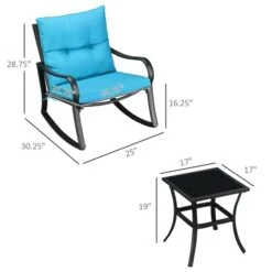 Fauteuils Berçants Et Table D'appoint Outsunny En Métal Noir Avec Siège Coussiné Bleu, Ensemble De 3 -Outsunny 331014301 AlternateImage1 l