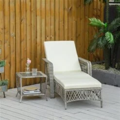 Chaise Longue Et Table D'appoint Outsunny En Osier Et Métal Gris Avec Siège Coussiné Blanc Crémeux, Ensemble De 2 -Outsunny 331014308 AlternateImage3 l