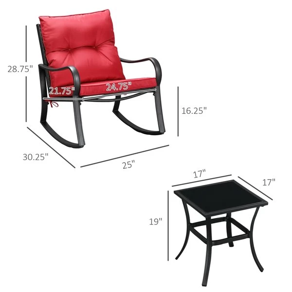 Fauteuils Berçants Et Table D'appoint Outsunny En Métal Noir Avec Siège Coussiné Rouge, Ensemble De 3 4 Fauteuils Berçants Et Table D'appoint Outsunny En Métal Noir Avec Siège Coussiné Rouge, Ensemble De 3 – Image 2
