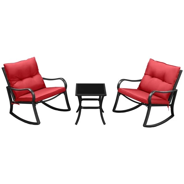 Fauteuils Berçants Et Table D'appoint Outsunny En Métal Noir Avec Siège Coussiné Rouge, Ensemble De 3 3 Fauteuils Berçants Et Table D'appoint Outsunny En Métal Noir Avec Siège Coussiné Rouge, Ensemble De 3