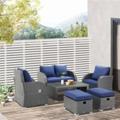 Ensemble De Mobilier Extérieur Outsunny En Osier Gris Avec Coussins Bleus Inclus, 6 Pièces -Outsunny 331014310 AlternateImage2 l