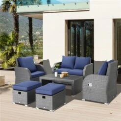 Ensemble De Mobilier Extérieur Outsunny En Osier Gris Avec Coussins Bleus Inclus, 6 Pièces -Outsunny 331014310 AlternateImage3 l