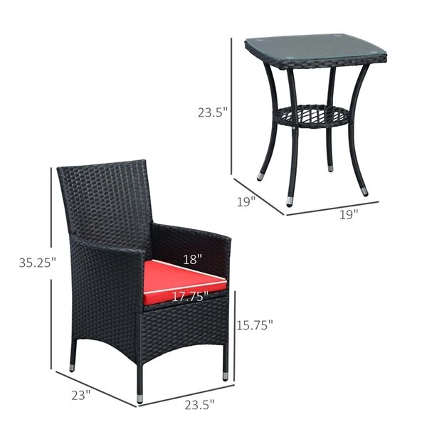 Ensemble De Mobilier Extérieur Outsunny En Osier Noir Avec Coussins Rouges Inclus, 3 Pièces 4 Ensemble De Mobilier Extérieur Outsunny En Osier Noir Avec Coussins Rouges Inclus, 3 Pièces – Image 2