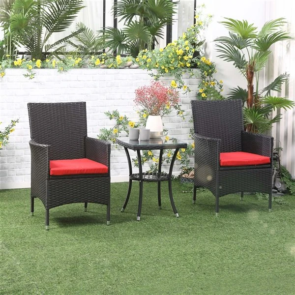 Ensemble De Mobilier Extérieur Outsunny En Osier Noir Avec Coussins Rouges Inclus, 3 Pièces 5 Ensemble De Mobilier Extérieur Outsunny En Osier Noir Avec Coussins Rouges Inclus, 3 Pièces – Image 3