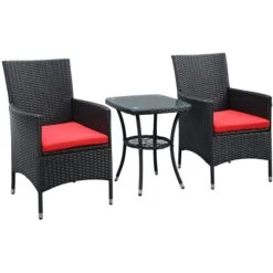 Ensemble De Mobilier Extérieur Outsunny En Osier Noir Avec Coussins Rouges Inclus, 3 Pièces