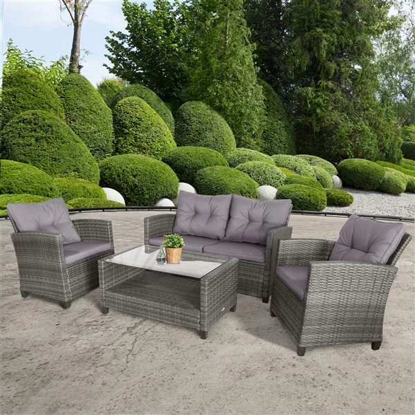 Ensemble De Mobilier Extérieur Outsunny En Osier Gris Avec Coussins Gris Inclus, 4 Pièces 5 Ensemble De Mobilier Extérieur Outsunny En Osier Gris Avec Coussins Gris Inclus, 4 Pièces – Image 3