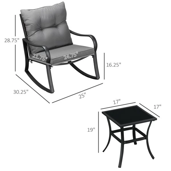 Fauteuils Berçants Et Table D'appoint Outsunny En Métal Noir Avec Siège Coussiné Gris, Ensemble De 3 4 Fauteuils Berçants Et Table D'appoint Outsunny En Métal Noir Avec Siège Coussiné Gris, Ensemble De 3 – Image 2