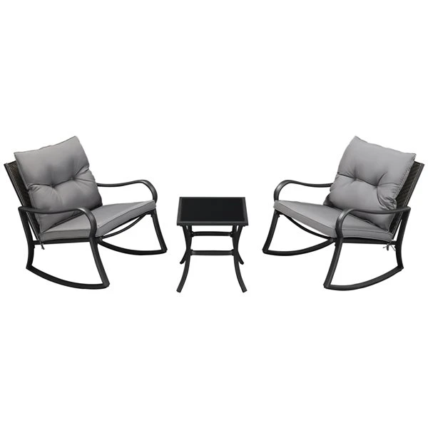 Fauteuils Berçants Et Table D'appoint Outsunny En Métal Noir Avec Siège Coussiné Gris, Ensemble De 3 3 Fauteuils Berçants Et Table D'appoint Outsunny En Métal Noir Avec Siège Coussiné Gris, Ensemble De 3