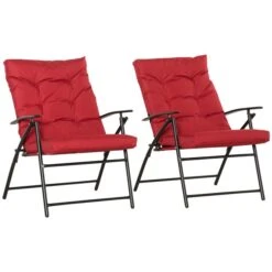 Fauteuils D'extérieur Outsunny En Métal Noir Avec Siège Coussiné Rouge, Ensemble De 2