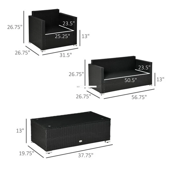 Ensemble De Mobilier Extérieur Outsunny En Osier Noir Avec Coussins Bleus Inclus, 4 Pièces 4 Ensemble De Mobilier Extérieur Outsunny En Osier Noir Avec Coussins Bleus Inclus, 4 Pièces – Image 2