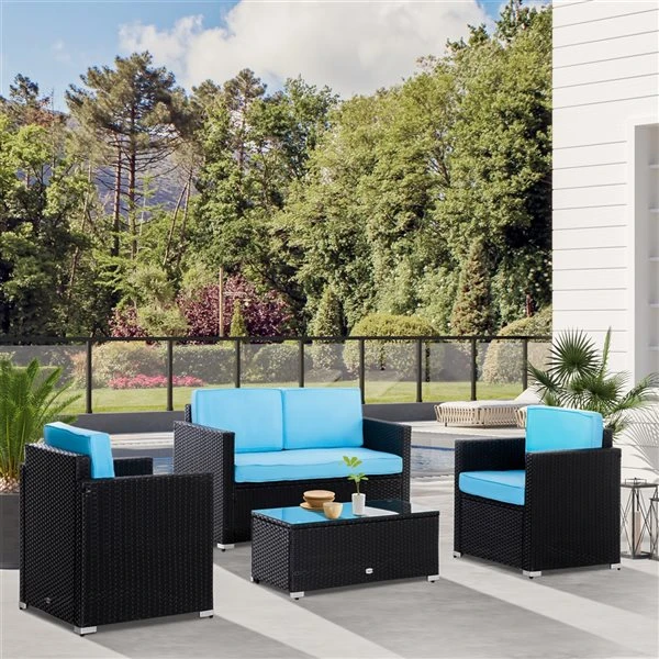 Ensemble De Mobilier Extérieur Outsunny En Osier Noir Avec Coussins Bleus Inclus, 4 Pièces 5 Ensemble De Mobilier Extérieur Outsunny En Osier Noir Avec Coussins Bleus Inclus, 4 Pièces – Image 3