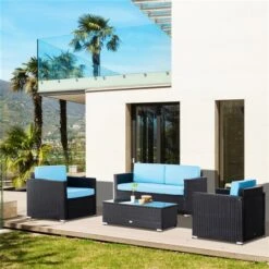 Ensemble De Mobilier Extérieur Outsunny En Osier Noir Avec Coussins Bleus Inclus, 4 Pièces 10 Ensemble De Mobilier Extérieur Outsunny En Osier Noir Avec Coussins Bleus Inclus, 4 Pièces -Outsunny 331014364 AlternateImage3 l
