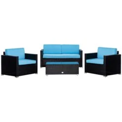Ensemble De Mobilier Extérieur Outsunny En Osier Noir Avec Coussins Bleus Inclus, 4 Pièces