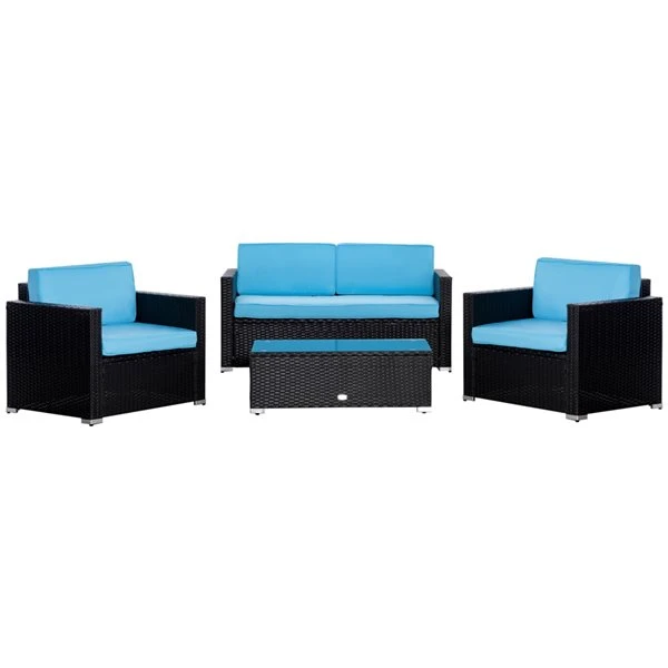 Ensemble De Mobilier Extérieur Outsunny En Osier Noir Avec Coussins Bleus Inclus, 4 Pièces 3 Ensemble De Mobilier Extérieur Outsunny En Osier Noir Avec Coussins Bleus Inclus, 4 Pièces