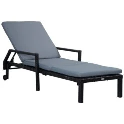 Chaise Longue Outsunny En Métal Noir Avec Siège Coussiné Gris