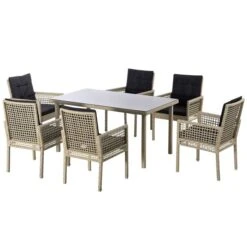 Ensemble De Salle à Manger Extérieur Outsunny En Osier PE Brun Pâle Avec Coussins Noirs, 7 Pièces