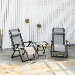 Fauteuils à Posture Zéro-gravité Et Table D'appoint Outsunny En Métal Noir Avec Siège Maillé Gris, Ensemble De 3 -Outsunny 331014387 AlternateImage2 l