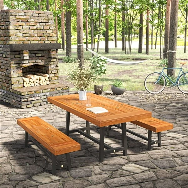Table De Pique-nique Outsunny Rectangulaire En Bois D'acacia De 71 Po L. Avec Bancs, Ensemble De 3 4 Table De Pique-nique Outsunny Rectangulaire En Bois D'acacia De 71 Po L. Avec Bancs, Ensemble De 3 – Image 2