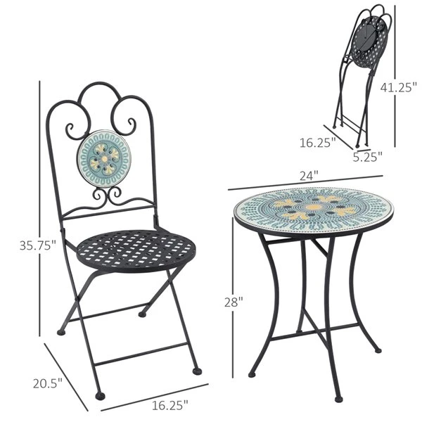Ensemble Pour Le Patio Outsunny De Style Bistro Avec Cadre En Acier Noir Avec Dessus De Table En Mosaïque Verte, 3 Pièces 5 Ensemble Pour Le Patio Outsunny De Style Bistro Avec Cadre En Acier Noir Avec Dessus De Table En Mosaïque Verte, 3 Pièces – Image 3