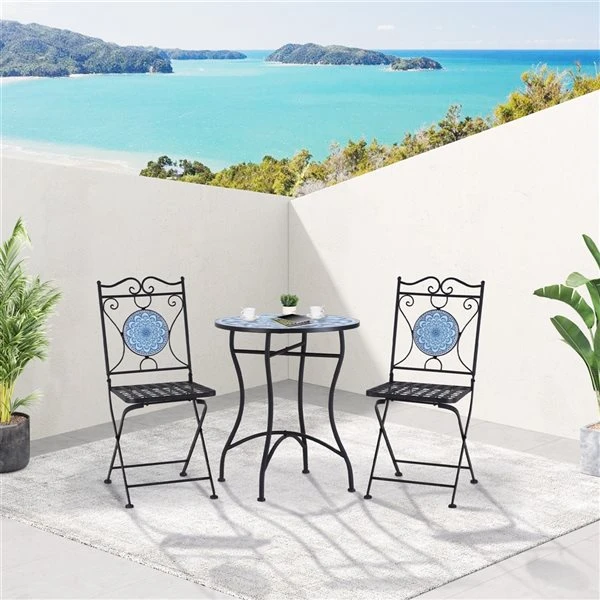 Ensemble Pour Le Patio Outsunny De Style Bistro Avec Cadre En Acier Noir Avec Dessus De Table En Mosaïque Bleue, 3 Pièces 4 Ensemble Pour Le Patio Outsunny De Style Bistro Avec Cadre En Acier Noir Avec Dessus De Table En Mosaïque Bleue, 3 Pièces – Image 2